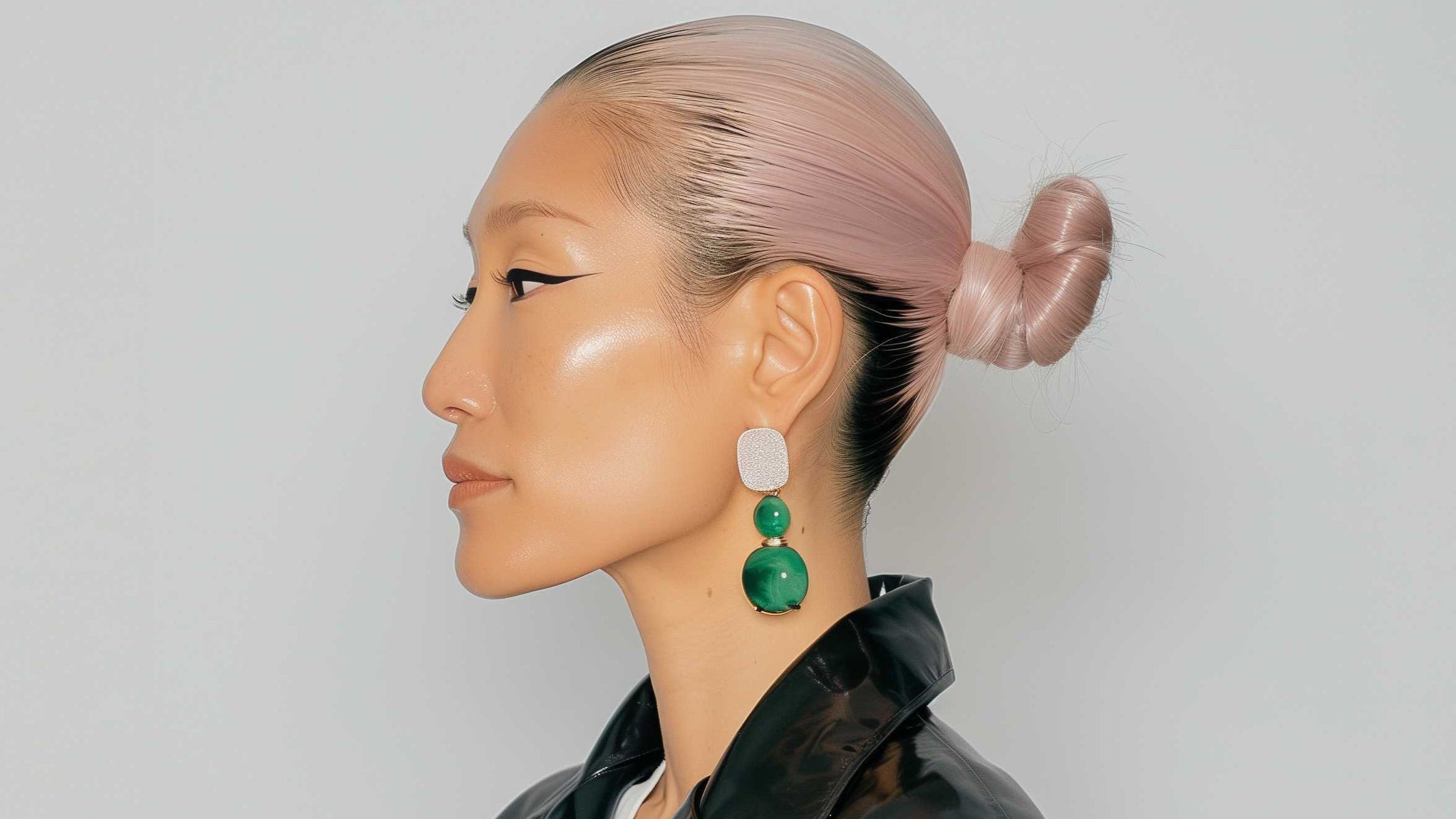 Minimalist beauty portrait - woman with slicked back hair, green earrings, and black leather jacket